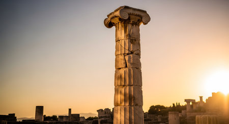 A single, weathered Ionic column stands tall against a golden sunset, surrounded by the ruins of an ancient Greek or Roman city. The image evokes a sense of history, endurance, and the timeless beauty of classical architecture and archaeology.の素材