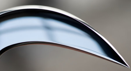 A sleek and elegant abstract macro photograph captures the curved edge of a polished metal object. The smooth, flowing lines and soft reflections on the chrome-like surface create a minimalist and futuristic aesthetic, suitable for concepts of modern design or technology.の素材