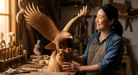 A smiling Asian woman in a workshop, wearing an apron, proudly admires her finished masterpiece: a detailed and dynamic wood carving of an eagle with its wings spread. Her workspace is filled with woodworking tools, indicating her skill and passion as an artisan. The scene evokes craftsmanship, pride, and artistic dedication.の素材