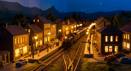 A beautifully detailed miniature model of a town at night, with a classic steam train pulling into a warmly lit station. Tiny figures of people wait on the platform, and the streets are lined with illuminated buildings and vintage cars, creating a nostalgic and charming diorama.の素材