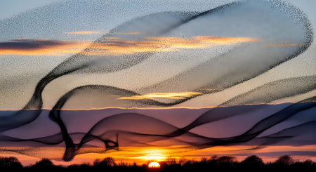 A spectacular murmuration of thousands of starlings creating fluid, abstract shapes in the sky during a vibrant sunset. The setting sun casts a warm orange glow on the horizon, silhouetting the trees below. This natural phenomenon represents concepts of unity, teamwork, nature's beauty, and coordinated movement.の素材
