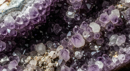 A detailed macro photograph capturing the intricate beauty of an amethyst geode. The image showcases clusters of vibrant purple and clear quartz crystals in their natural, raw formation. This background represents geology, natural minerals, healing crystals, and abstract textures.の素材