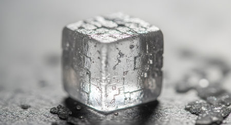An extreme close-up, macro photograph of a single, perfectly cubic salt crystal. The crystal is backlit, revealing its intricate internal structures and translucent quality against a dark, textured surface, highlighting the beauty of a common mineral.の素材