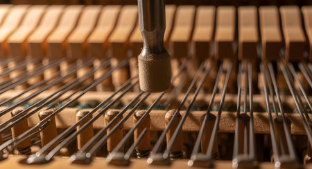 An extreme close-up view inside a piano, showing the intricate mechanism of felt-covered hammers, taut strings, and wooden components. A tuning tool is poised above a string, capturing the delicate process of piano tuning and musical instrument maintenance.の素材