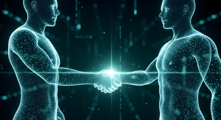 Two futuristic, digital humanoid figures composed of glowing light particles shake hands against a dark, technological background. This conceptual image represents digital agreements, AI collaboration, virtual reality partnerships, and connections within the metaverse.の素材