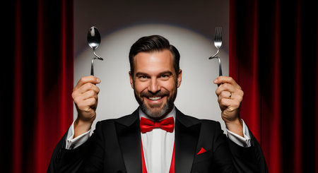 A handsome and charismatic man dressed in a formal tuxedo with a red bow tie smiles at the camera while holding up a bent spoon and fork. Posed in front of a red stage curtain, he embodies a magician, mentalist, or illusionist performing a mind-bending trick. The image conveys entertainment, mystery, and supernatural power.の素材