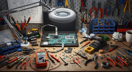 An electronics repair workbench is covered with a variety of tools and components for fixing a disassembled laptop. A soldering iron, multimeter, screwdrivers, and an illuminated magnifying lamp are arranged around the open computer, depicting a complex DIY or professional repair project in progress.の素材