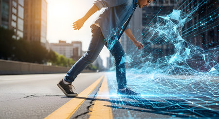A person walks down a city street, and their leg seamlessly transforms into a glowing blue digital plexus network. This powerful visual concept represents digital transformation, the integration of technology into daily life, and concepts like augmented reality, metaverse, and a digital footprint. The image blends the physical and virtual worlds.の素材