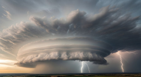 A powerful and dramatic supercell thunderstorm dominates the sky over a flat landscape. The massive, rotating updraft cloud structure is illuminated by sunlight on one side and multiple lightning bolts striking the ground below.の素材