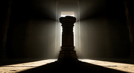 A dramatic silhouette of an ancient, ornately carved stone pillar inside a dark temple or ruin. Beams of light stream through a high window, illuminating the pillar and creating a mystical, spiritual atmosphere with long, stark shadows, evoking history and mystery.の素材