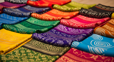 A vibrant collection of neatly folded textiles, showcasing a rich variety of colors like purple, green, red, and blue. Each fabric features intricate, often golden, patterns, suggesting luxurious materials like silk or brocade from an Asian market.の素材