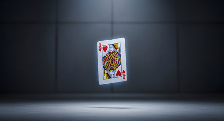 A single Queen of Hearts playing card is mysteriously floating or levitating in the center of a dark, minimalist room, illuminated by a spotlight from above. The scene creates a sense of magic, mystery, and focus on the single card.の素材