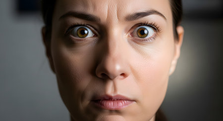 A dramatic close-up portrait of a middle-aged woman's face staring directly at the camera with wide, fearful eyes. Her furrowed brow and tense expression convey intense shock, surprise, or anxiety.の素材
