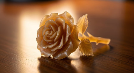 A delicate and intricately crafted rose, made from a translucent amber-colored material like resin or wax, sits on a dark wood surface. The warm lighting beautifully highlights the detailed petals and leaves, conveying elegance, romance, and artisanal beauty.の素材
