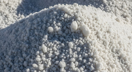 A detailed macro photograph captures a mound of coarse, natural sea salt. The individual white crystals and granular texture are clearly visible in the bright light, creating a clean background for culinary or wellness concepts.の素材