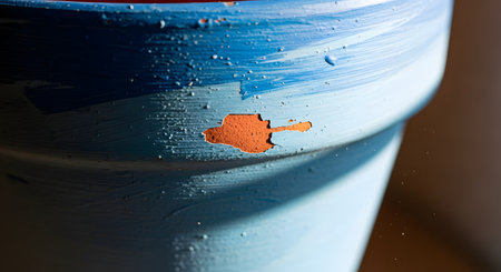 A close-up, macro photograph of a terracotta pot's surface where a chip has revealed the natural clay color beneath layers of blue paint. The image highlights texture, imperfection, and the effects of weathering, creating an abstract background.の素材