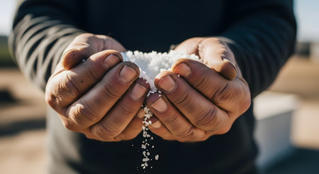 A close-up shot of a farmer's weathered and calloused hands cupping a handful of white granular fertilizer. Some of the granules are slipping through his fingers, representing agriculture, cultivation, and the hands-on nature of farming.の素材