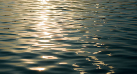 A tranquil close-up of a dark water surface with gentle ripples. The golden light of the sun reflects and sparkles on the water, creating a peaceful and abstract background.の素材
