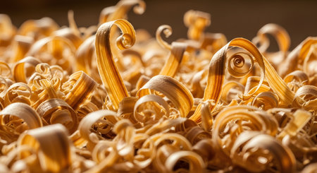 A close-up, macro view of a pile of curled wood shavings, showcasing their delicate, ribbon-like forms. Warm, directional lighting enhances the rich texture and grain of the wood. The image represents carpentry, craftsmanship, and the beauty of natural materials.の素材