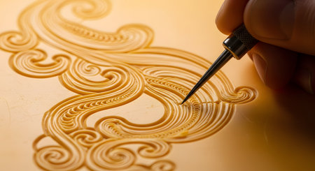 An artisan's hand meticulously carves an elegant, swirling pattern into a golden-colored material using a sharp, pointed tool. The close-up shot emphasizes the incredible detail, skill, and patience required in this form of delicate craftsmanship.の素材