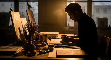 An artist is silhouetted as he sits at a wooden desk, deeply focused on drawing under a dramatic warm light source. His studio is filled with canvases, paints, and brushes, creating a moody and inspiring atmosphere of creativity and dedication.の素材