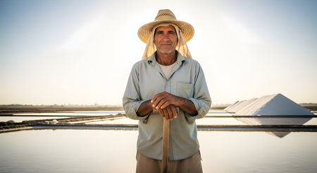 A portrait of a weathered, senior salt farmer wearing a traditional straw hat, looking kindly at the camera while leaning on a wooden tool. He stands in a flooded salt evaporation pond, with large piles of harvested salt visible in the background under a bright sun.の素材