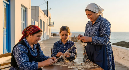 Three generations of womenâa grandmother, mother, and daughterâare sitting together outdoors, mending a fishing net. Dressed in traditional clothing, they work together at a wooden table against a backdrop of white coastal buildings and the sea at sunset. The scene represents family, tradition, heritage, and a traditional way of life.の素材