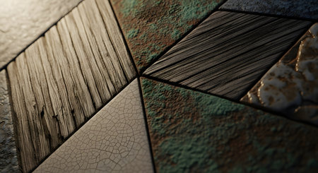 A close-up, angled view of various sample tiles showcasing different materials and textures for interior design. The geometric arrangement includes tiles that resemble wood grain, rusted metal, cracked ceramic (crazing), and stone, creating a tactile and modern background.の素材
