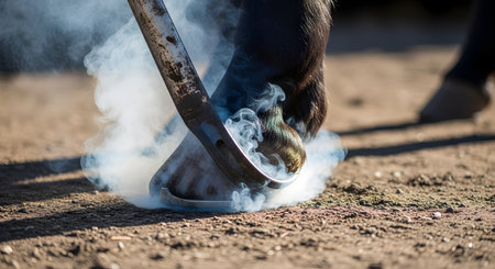 A close-up action shot of a farrier applying a red-hot horseshoe to a horse's hoof. A large amount of smoke billows up from the hoof as the shoe is fitted, demonstrating the traditional and skilled process of hot shoeing.の素材