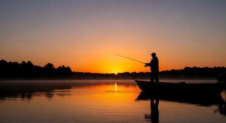 The silhouette of a lone fisherman standing in a boat is cast against a stunning sunrise over a calm, misty lake. The tranquil scene is filled with the warm colors of dawn, reflecting perfectly on the water's surface. This image evokes feelings of peace, serenity, patience, and the love of outdoor recreation.の素材