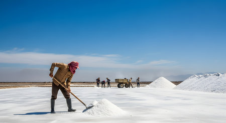 In a vast salt flat under a clear blue sky, a worker shovels natural sea salt into a pile. In the background, other laborers and a tractor work near large mounds of harvested salt, depicting the arduous process of traditional salt mining.の素材