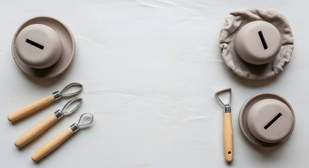A top-down, flat lay view of a pottery or ceramics workspace with copy space. Unfinished clay piggy banks are neatly arranged with various sculpting tools like loop tools on a light, textured surface. The minimalist composition suggests a creative process, hobby, or craft workshop.の素材