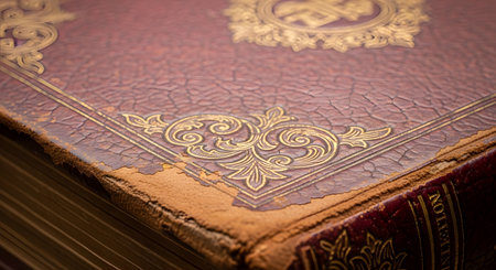 A macro shot of the corner of a vintage, leather-bound book. The cover is a rich, textured maroon color with an ornate gold foil embossed design, showing signs of wear and age on its frayed corners. The image evokes a sense of history, knowledge, and classic literature.の素材