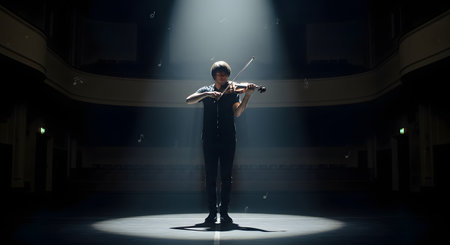 A lone male violinist stands in a single spotlight on a dark stage, passionately playing his instrument in an empty concert hall. Floating musical notes are artistically added around him, enhancing the atmosphere of a powerful and emotional solo performance. The image captures the dedication and artistry of a classical musician.の素材