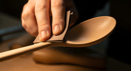 A close-up shot captures a craftsman's hand carefully sanding a handmade wooden spoon with sandpaper. Fine wood dust is illuminated by warm light, highlighting the meticulous process of smoothing the wood. This image signifies dedication, skill, and the finishing touches of woodworking.の素材