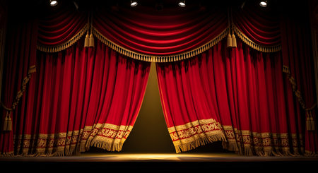 Luxurious red velvet theater curtains with gold tassels and trim are partially opened, revealing a warmly lit stage. Spotlights from above illuminate the elegant drapes, creating a sense of anticipation for a performance, show, or grand opening.の素材
