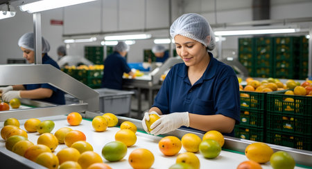A female worker in a hairnet and gloves is carefully inspecting and sorting fresh mangoes on a conveyor belt in a food processing factory. The facility is clean and efficient, showcasing the quality control process in the fruit production and export industry.の素材