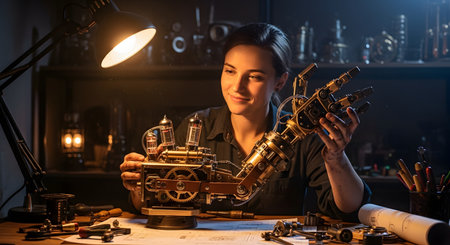 A talented female inventor or engineer works diligently at her cluttered workshop table, lit by a desk lamp. She is assembling a complex, steampunk-style robotic arm, showcasing innovation, craftsmanship, and the intersection of technology and art.の素材