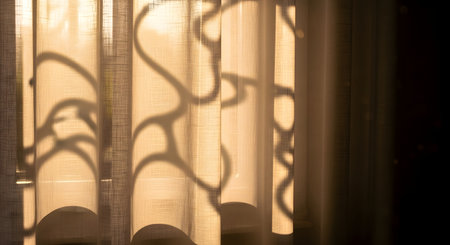 Abstract shadows and warm, golden sunlight are cast upon a sheer, light-colored curtain, creating an intriguing, organic pattern. The interplay of light and shadow evokes a calm, cozy, and peaceful atmosphere inside a room in the morning or late afternoon.の素材