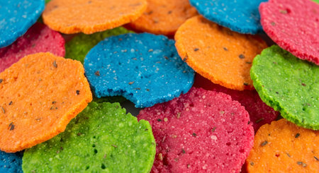 A macro shot of a vibrant pile of multi-colored, round tortilla chips, with one blue chip having a bite taken out of it. The bright red, green, blue, and orange snacks are made from vegetables, creating a fun and festive food background.の素材