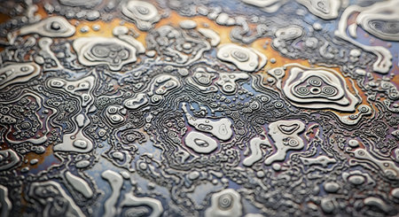 An abstract macro shot reveals the intricate, swirling patterns on the surface of a unique metal, such as Damascus steel or bismuth. The iridescent colors and organic, topographic-like lines create a mesmerizing and textured background.の素材