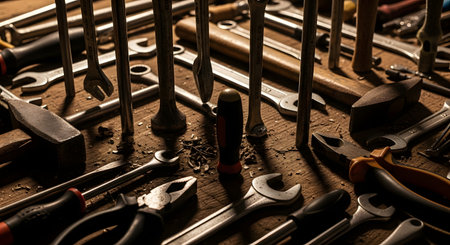 A close-up shot of various hand tools scattered on a rustic wooden workbench in a workshop. The collection includes wrenches, pliers, hammers, and screwdrivers, with dramatic lighting highlighting their metallic texture and signs of use. The image conveys concepts of manual labor, craftsmanship, repair, and industry.の素材