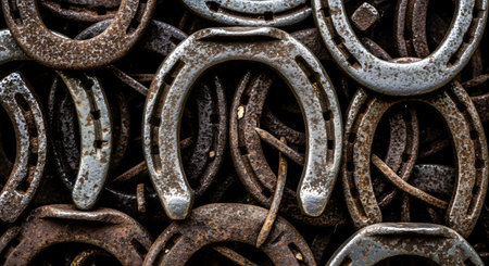 A close-up, top-down view of a pile of old, rustic horseshoes. Some are clean metal while others are covered in rust, creating a textured background that symbolizes luck, equestrianism, and Western culture.の素材