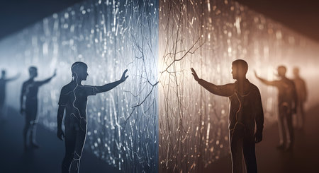 A conceptual and abstract image depicts human silhouettes reaching across a glowing divide that separates two distinct realities, one cool blue and the other warm orange. This powerful visual represents concepts like parallel universes, alternate dimensions, connection, separation, and communication across barriers. The figures seem to be attempting to bridge the gap between their worlds.の素材