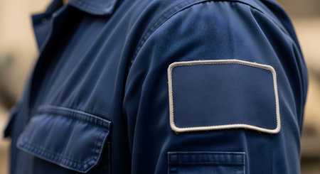 A close-up of a blank, dark blue rectangular patch sewn onto the sleeve of a blue work shirt or uniform. This empty patch serves as a mockup or template for adding a custom logo, name tag, or insignia.の素材