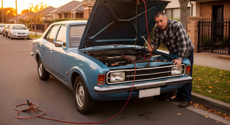 A man looks up with a frustrated expression while trying to fix his broken-down vintage blue car, which is stopped on the side of a residential street. The car's hood is open and jumper cables are visible, indicating a dead battery or engine trouble.の素材