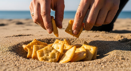 Close-up of a person's hands picking up square, salty crackers from a pile on the sand at a beach. Grains of sand cling to the hands and the crackers, with the ocean visible in the blurred background. The image captures a casual, sunny day and a beach picnic.の素材