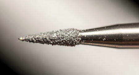 A detailed macro photograph captures the conical tip of a rotary tool bit encrusted with sparkling industrial diamonds. The abrasive texture of the tool is highlighted against a clean, out-of-focus background, emphasizing concepts of precision, durability, and industrial manufacturing.の素材