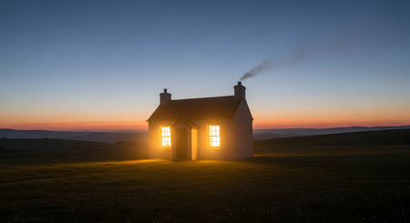 A small, solitary cottage stands in the middle of a field at twilight, its windows glowing with a warm, inviting light. A wisp of smoke rises from a chimney against a colorful sunset sky, creating a scene of peace, coziness, and tranquility.の素材