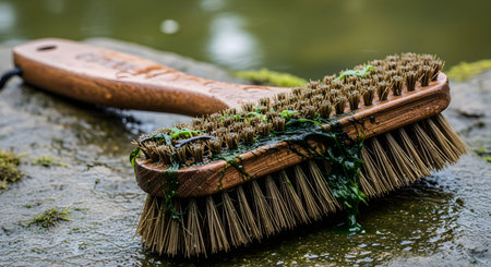 A close-up of a wooden scrub brush covered in slick green algae, resting on a wet, mossy stone surface next to a body of water. The image conveys a sense of nature reclaiming a forgotten object and the process of cleaning or decay.の素材